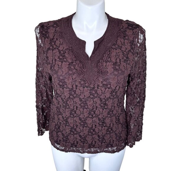 COLDWATER CREEK CHOCOLATE BROWN V-NECK BOHO LACE LONG SLEEVE TOP - L - Picture 1 of 5